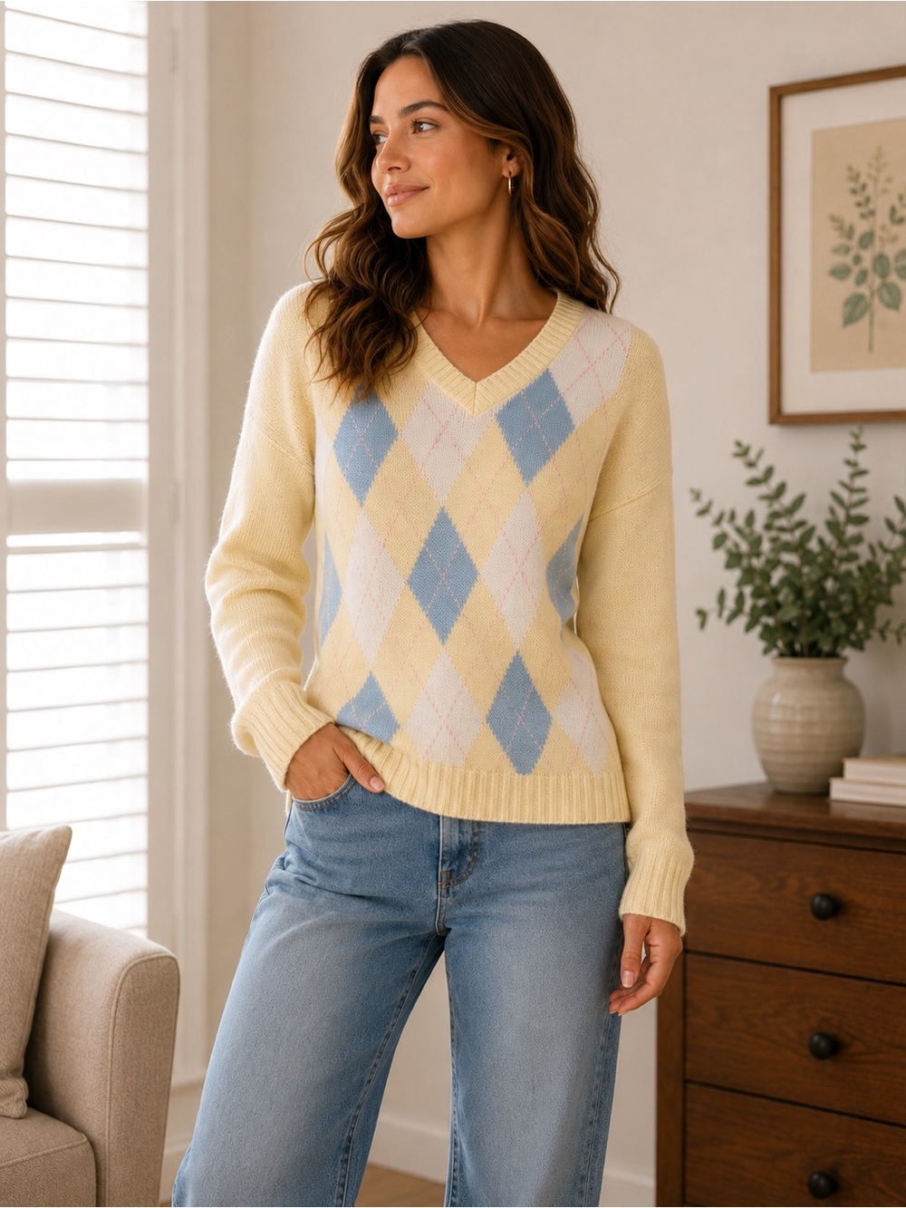 Vintage Tabi V-Neck  Argyle Sweater - Yellow